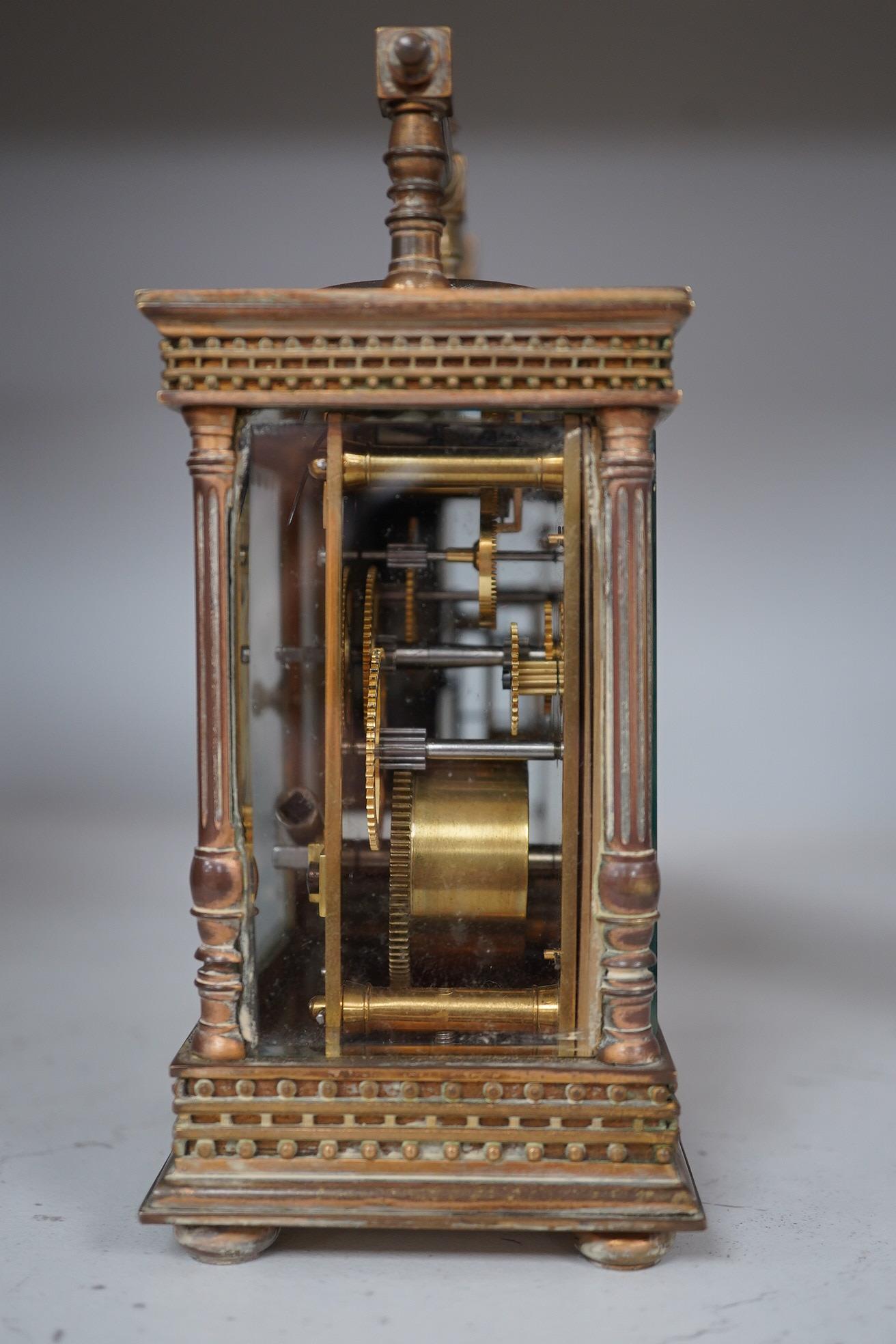 A French eight day carriage timepiece / barometer, retailed by Harrods, 16cm. Condition - fair, not tested